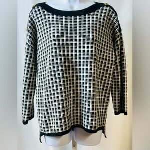 Cable & Gauge Black & White Scoop Neck Checked‎ 3/4 Sleeve Sweater size L